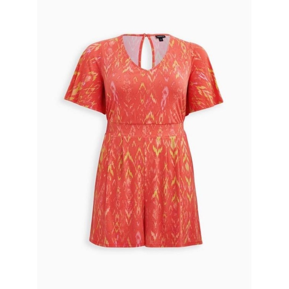 TORRID Womens Plus 5 Coral Yellow Ikat Studio Knit Elastic Waist Romper Pockets